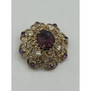 Coro Amethyst & Clear Colored Rhinestone Gold Tone Pin Purple